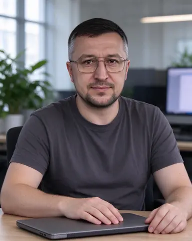 Чоловік в окулярах за ноутбуком у сучасному офісі